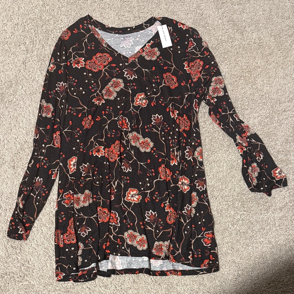 Lane Bryant Black and Red Floral Long Sleeve Top